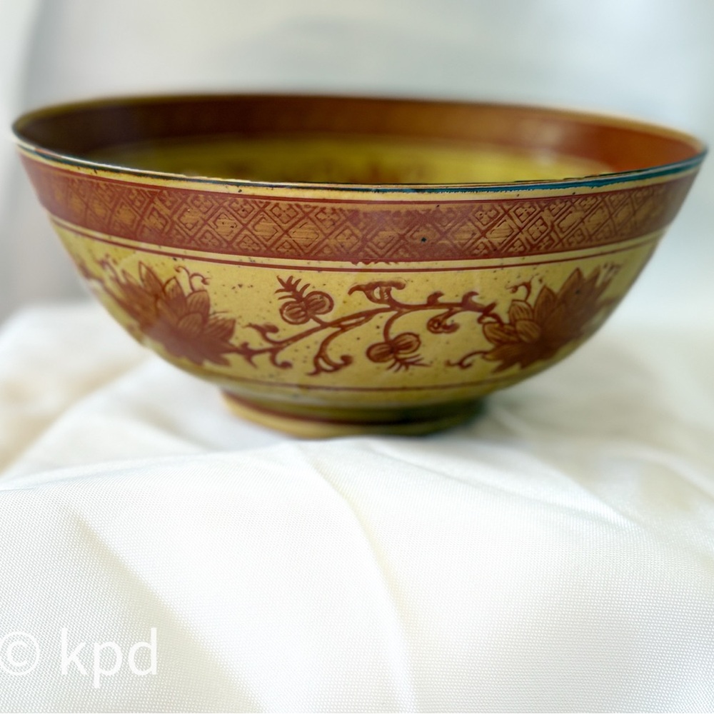Hand Painted Vintage Ceramic Bowl – Japanese Crane & Lotus Motif, 6344 Stamp